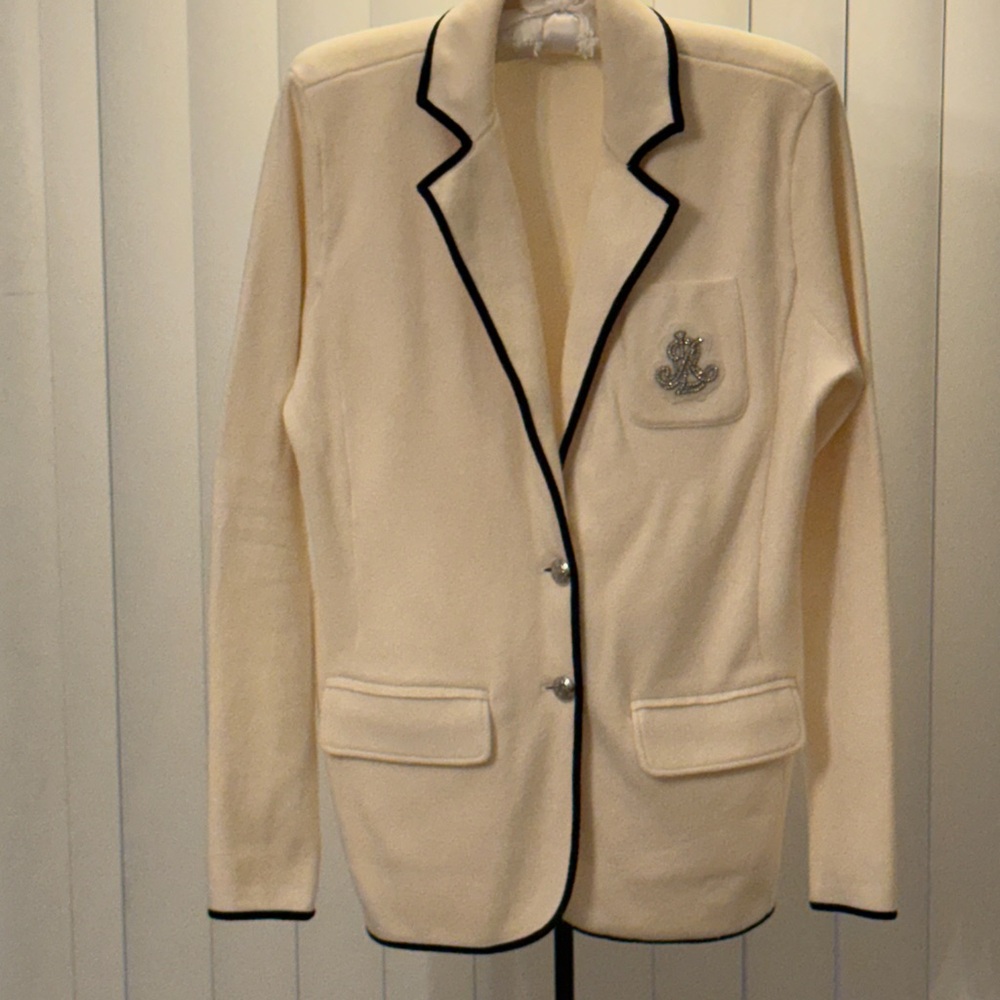 Lauren Ralph Lauren LRL Cream Knit Blazer Sweater Jacket Rhinestone Crest Size M